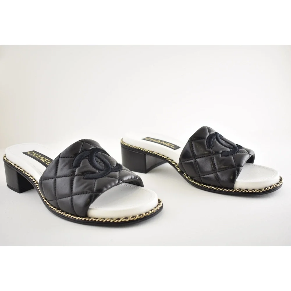 Chanel 25P Black Quilted Leather Chain CC Logo Mule Slide Sandal Block Heel 36.5